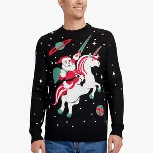 Tipsy Elves Ugly Christmas Sweater Santa Unicorn Space Mens Large Black Holiday